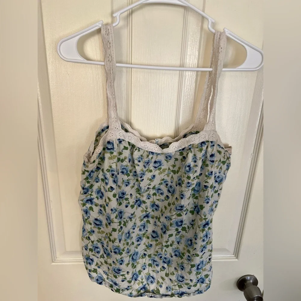 LOFT Blue Floral Lace Trim Camisole Tank Top Size L - Picture 4 of 8